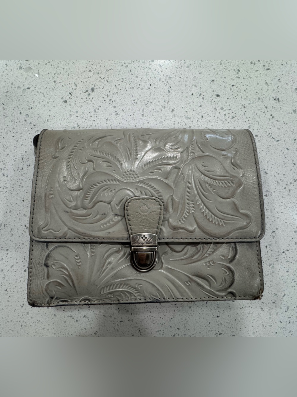 Patricia Nash Floral Embossed Tooled Leather Crossbody Gray Taupe $199